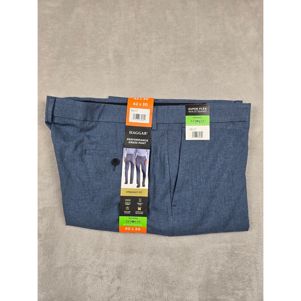 Haggar Performance Dress Pant Mens 42x30 Blue Straight Fit Stretch Wrinkle Free